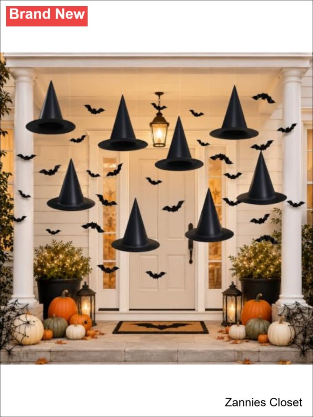 👻 Halloween Hanging Witch Hats 8 Pack with Rope & 3D Bats Party Decor